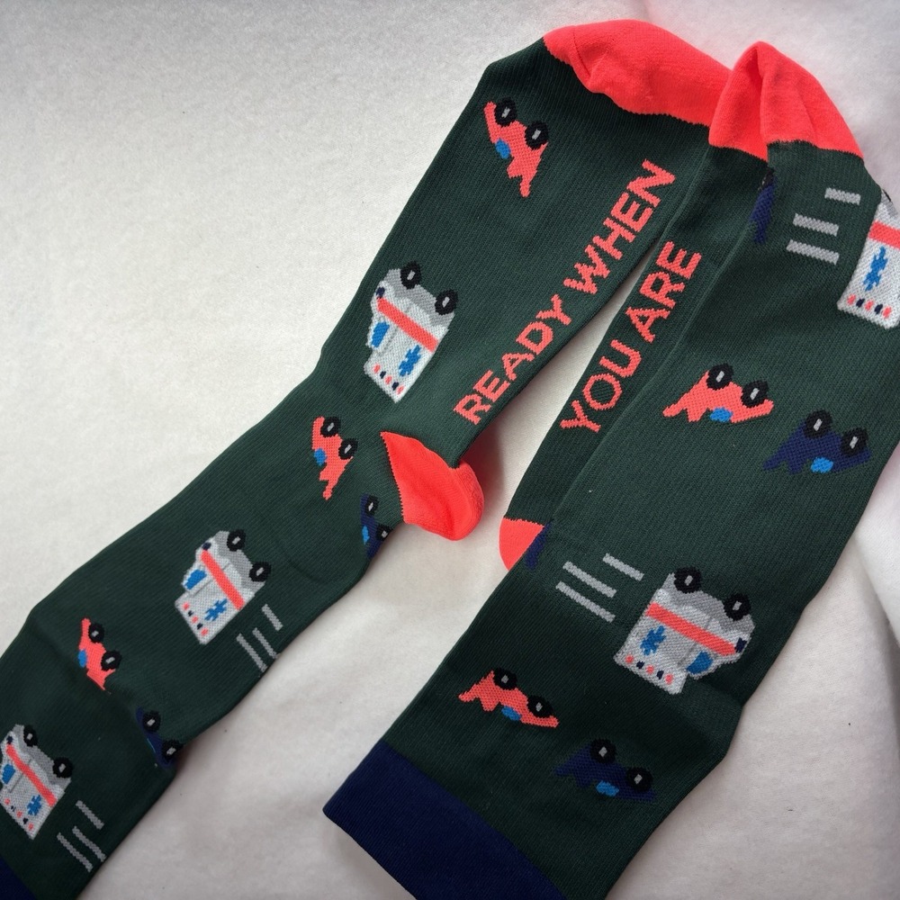 FIGS Women Compression Socks L Green Ambulance Ready When‎ You Are Nurse EMS